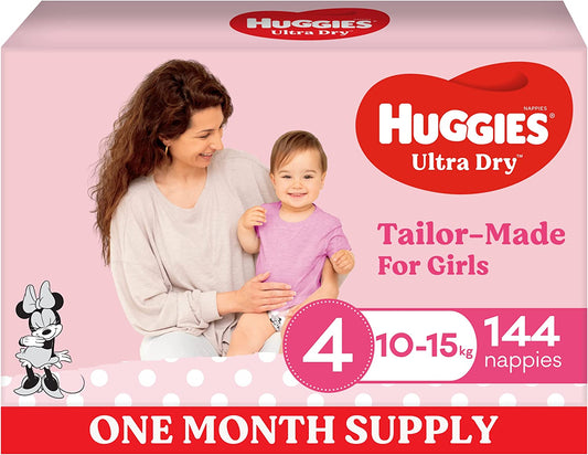 Huggies Ultra Dry Nappies Girls Size 4 (10-15kg) One Month Supply 144 Nappies