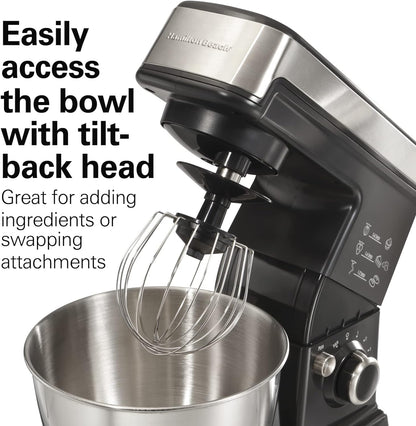 Hamilton Beach 6 Speed Electric Stand Mixer with Stainless Steel 3.5 Quart Bowl, Planetary Mixing, Tilt-Up Head, Black
