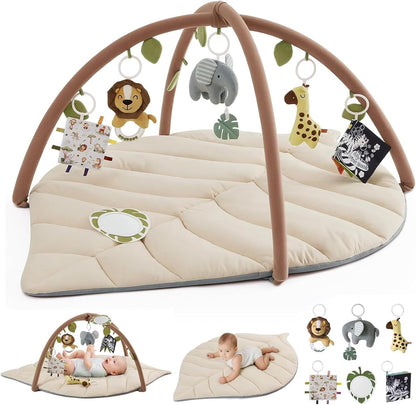 Baby Glide  Baby Play Gym & Activity Mat, Leaf Shaped Baby Tummy Time Play Mat with 6 Detachable Toys