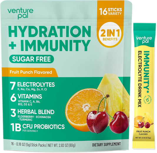 Venture Pal 2-in-1 Hydration + Immune Electrolytes Powder Packets with 7 Electrolytes & 6 Vitamins, Keto Friendly, 16 Sticks