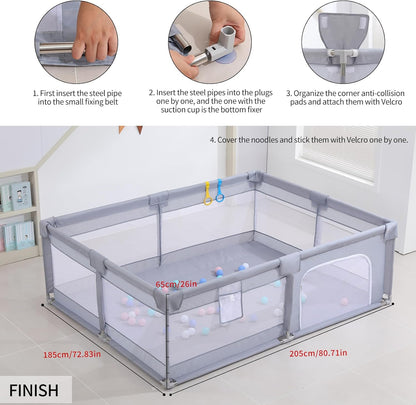 Baby Playpen, Playpens for Babies, Large Playard for Toddlers, Recreation Area (Gray, 205 * 185cm)
