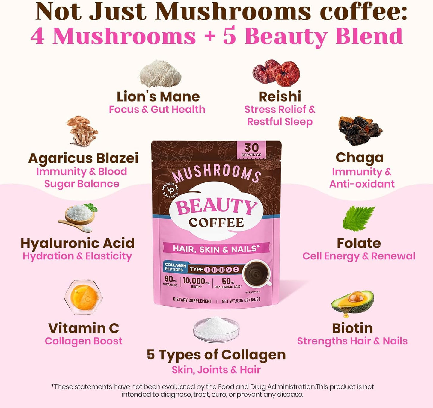 Venture Pal Premium Adaptogenic Mushroom Coffee with Multi Collagen,30 Servings