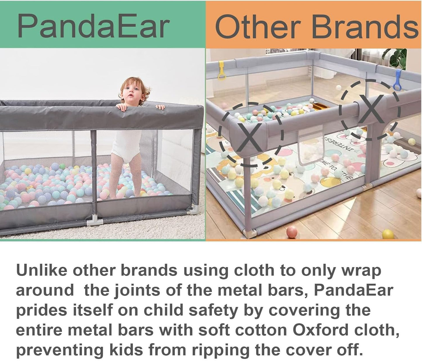 PandaEar Grey Baby Playpen, Large Playpen for Toddlers, Sturdy Baby Play (127×127 cm)