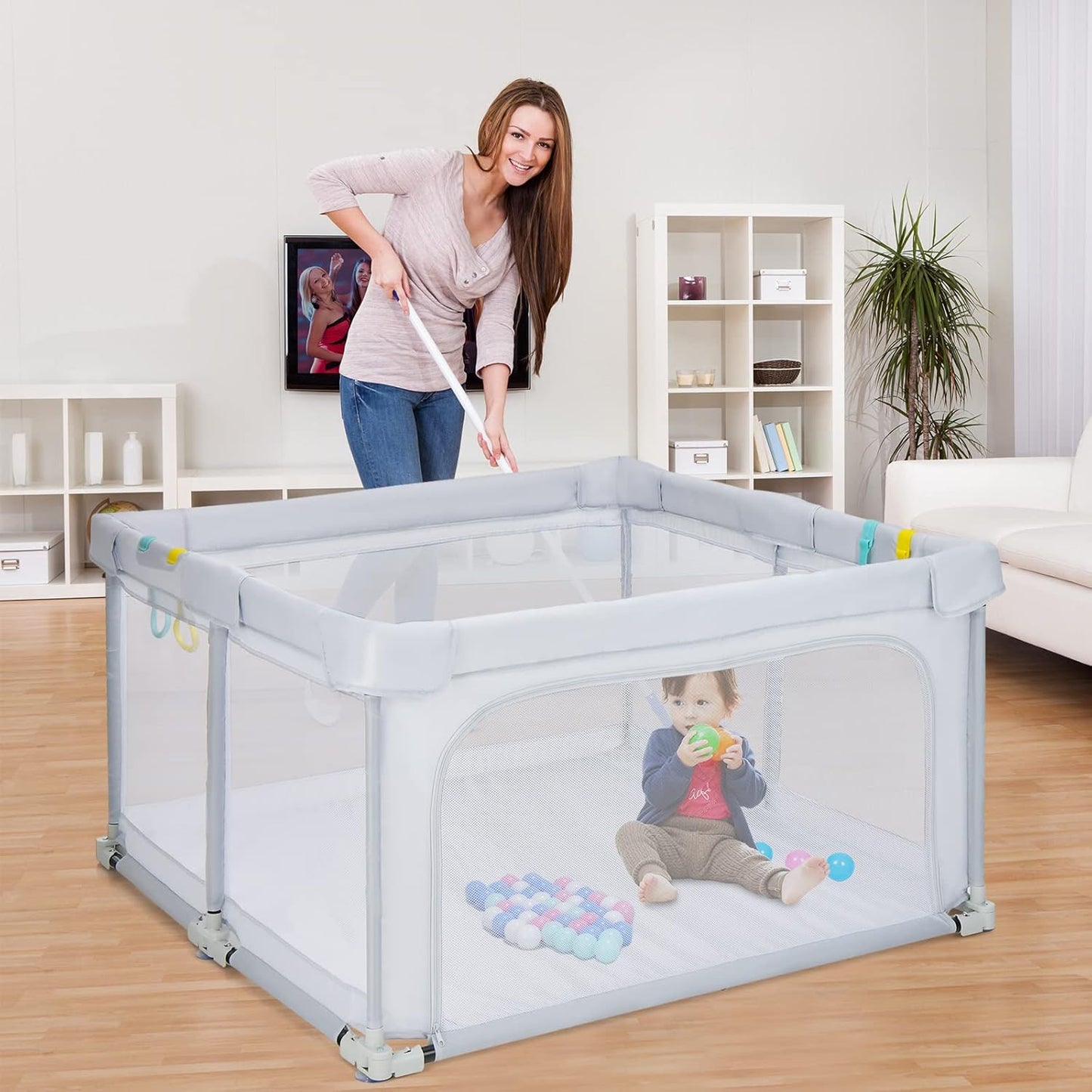 BABY JOY Foldable Baby Playpen, 124 x 124 x 70cm Playpen Activity Center w/50 Balls & 4 Pull Rings (Grey)