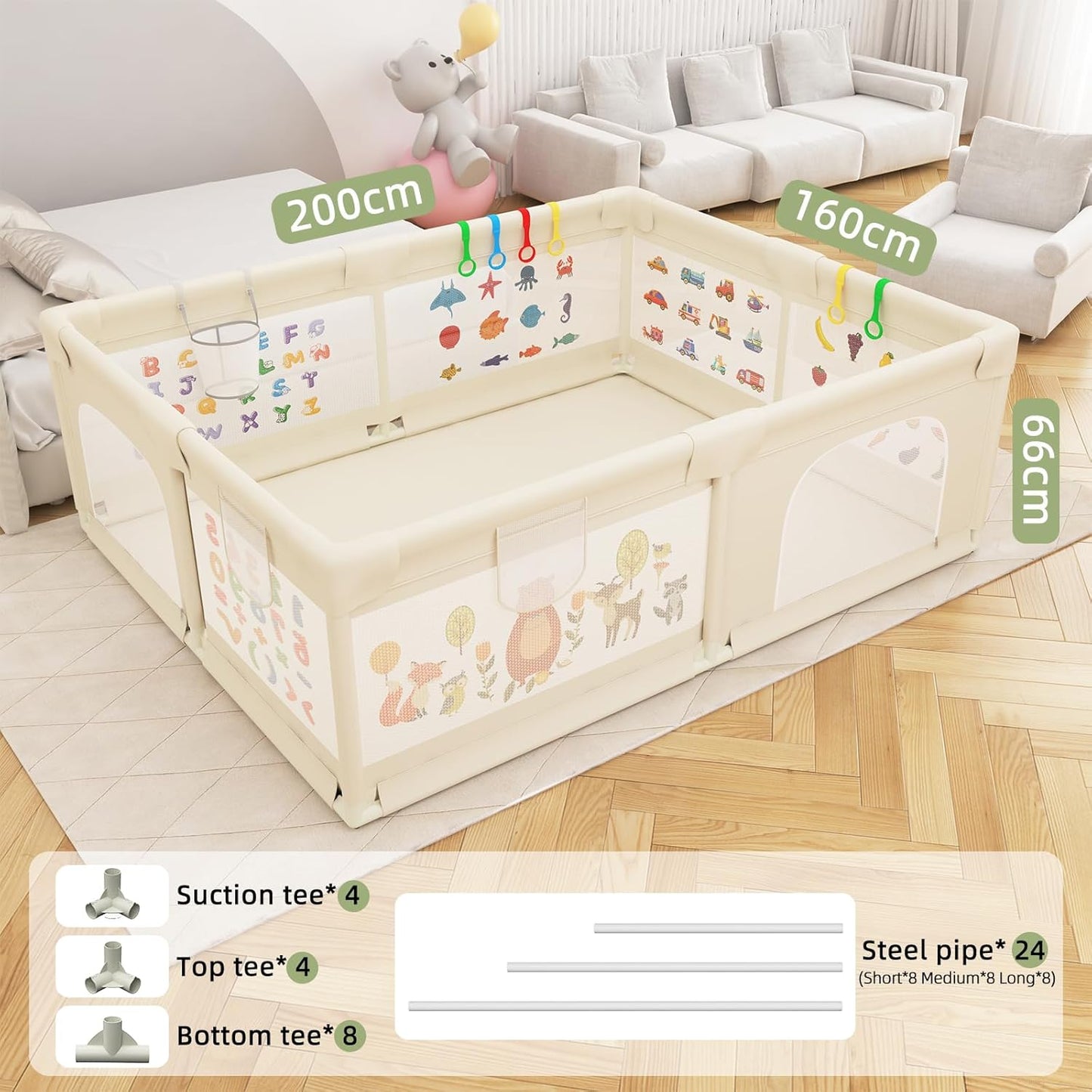 Baby Playpen 200 x 160 cm, Extra-Large Non-Slip Playpens with Patterns, 50 Ocean Balls, 6 Pull Rings (Beige)