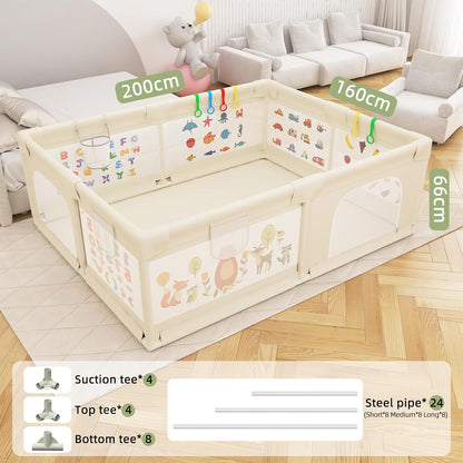Baby Playpen 200 x 160 cm, Extra-Large Non-Slip Playpens with Patterns, 50 Ocean Balls, 6 Pull Rings (Beige)