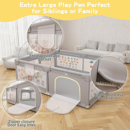 Baby Playpen 200 x 160 cm, Extra-Large Non-Slip Playpen with 50 Ocean Balls, 6 Pull Rings