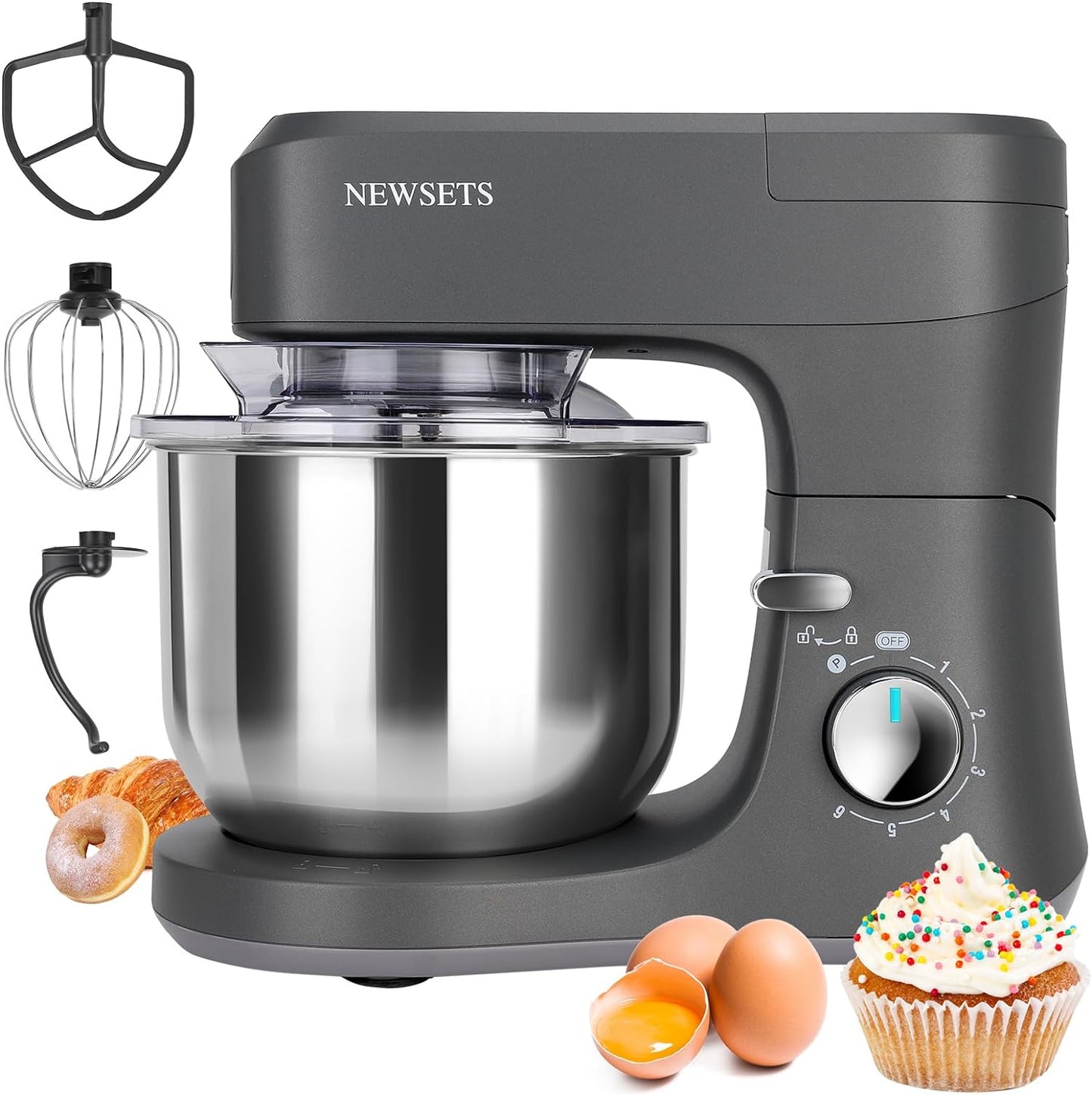 NEWSETS 7.4 QT Stand Mixer,6-Speed Tilt-Head Food Mixer,600W Electric Kitchen Mixer with Dough Hook, Whisk, Beater, Splash Guard & Mixing Bowl, Planetary Mixing Food Mixer for Baking, Cakes, Cookie