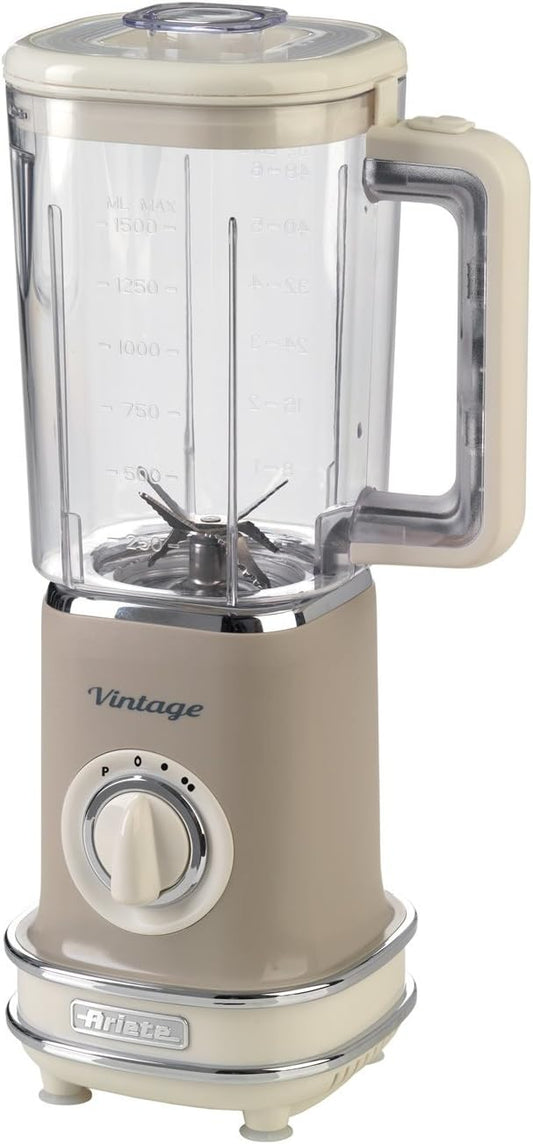 Ariete 568 Vintage Stand Blender Easy Storage 500W Jug 1.5L Plastic Container 6 Stainless Steel Blades 2 Speed Levels Pulse Double Security Beige