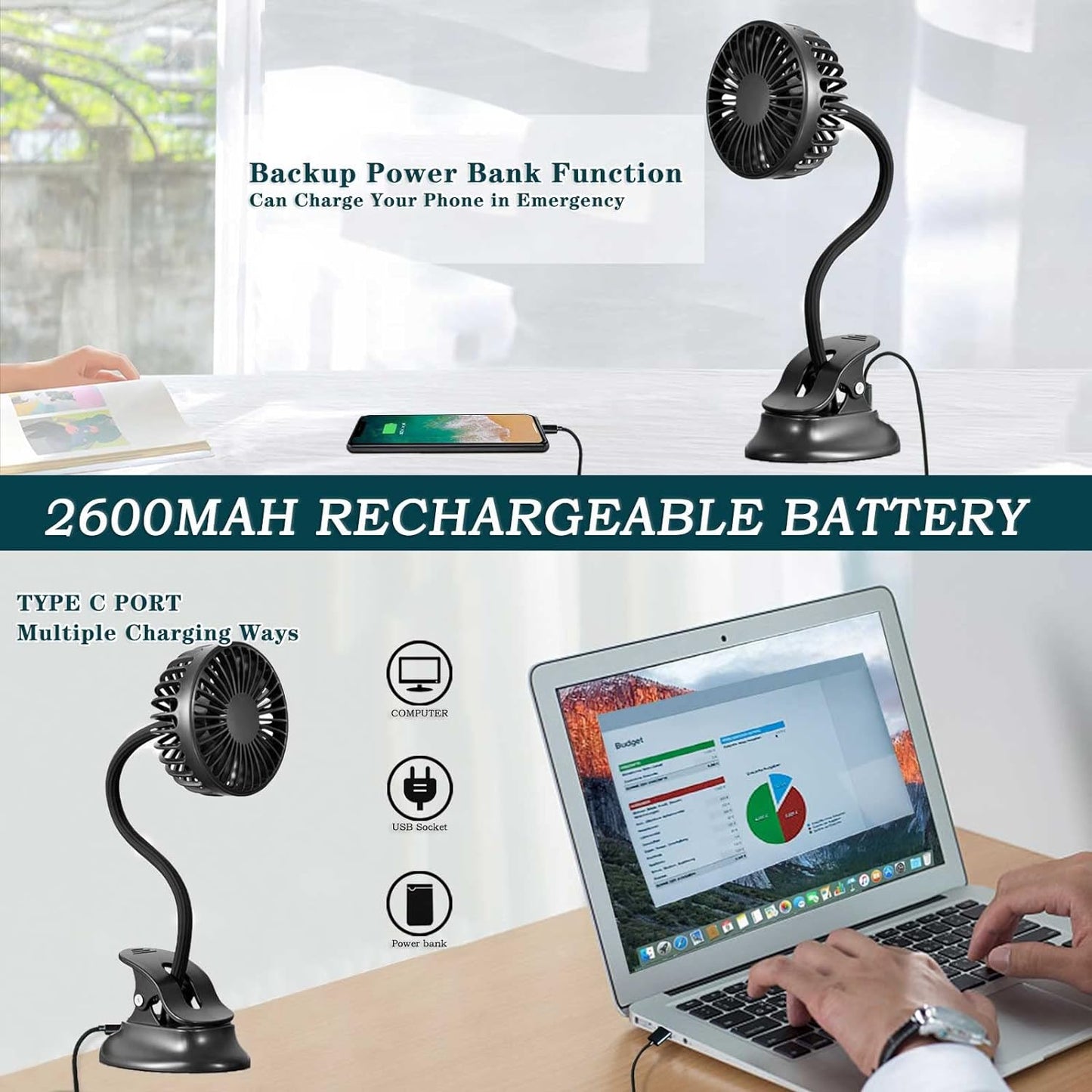 Usb Fan mini Fan Battery Operated Desk Fan with Emergency Power Bank, USB Clip Fan Rechargeable Personal Fan Flexible Neck 3 Speeds