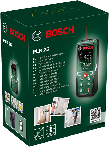 Bosch Home & Garden Digital Laser Distance Measure PLR 25 25m (Measuring up to 25 m, Protective Case, 2 x AAA Batteries Included, in Box)
