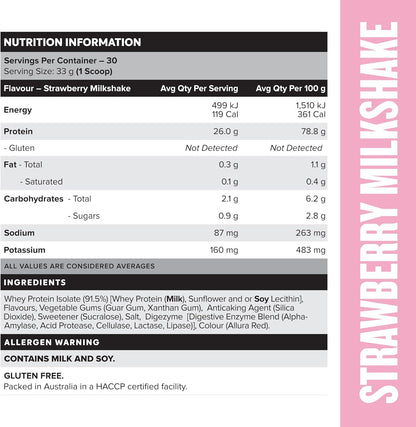 Muscle Nation Strawberry Milkshake Flavour Whey Protein Isolate 990g (30 Serves)