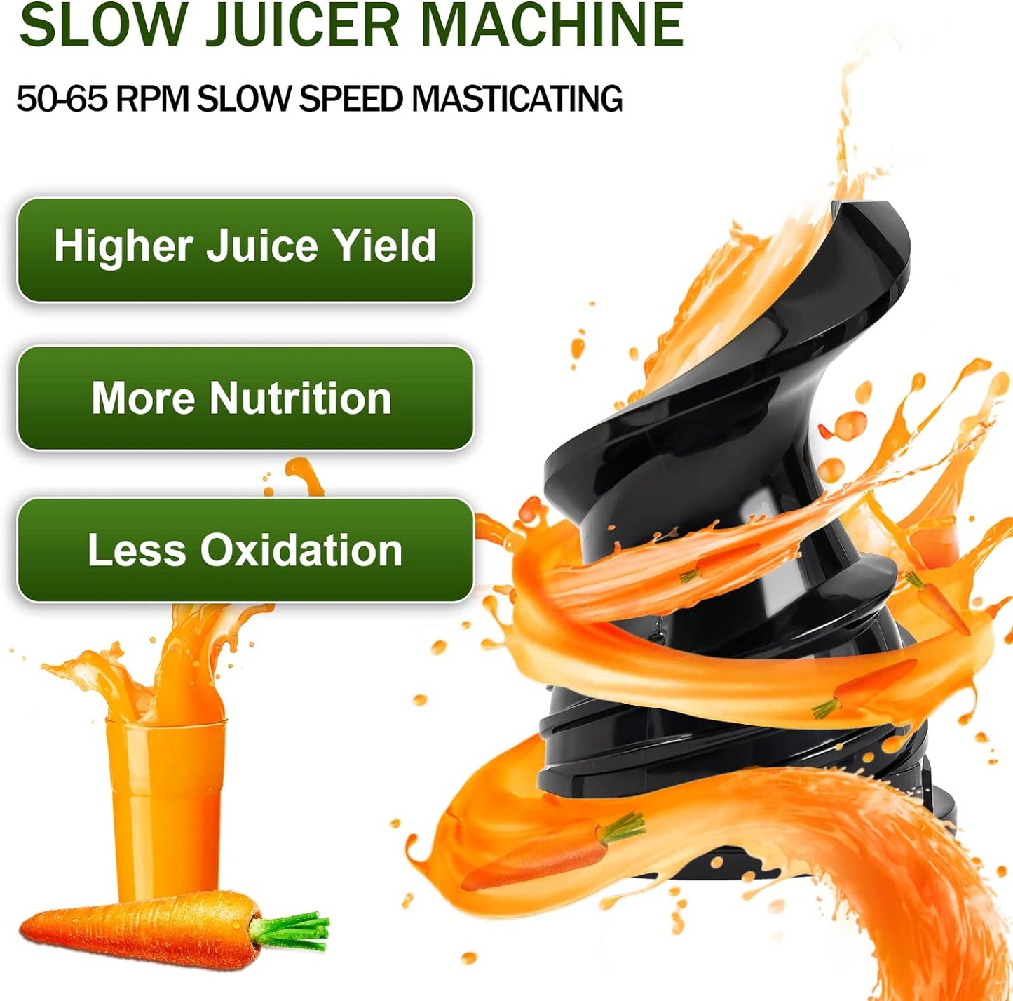 Masticating Juicer Machine for Whole Fruits and Vegetables, Cold Press Slow Juicer with Wide Mouth 80mm Feeding Chute, Reverse Function Quiet Motor Fresh