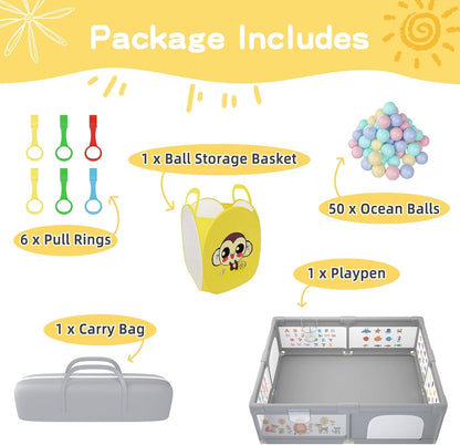 Baby Playpen 200 x 160 cm, Extra-Large Non-Slip Playpen with 50 Ocean Balls, 6 Pull Rings
