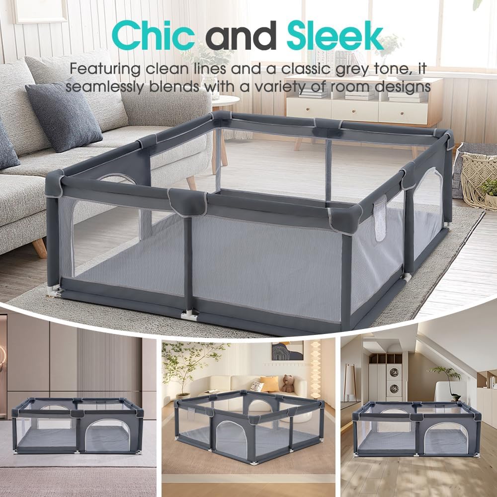 Playpals Baby Playpen – 180x200cm Spacious Play Yard for Babies & Toddlers , Grey