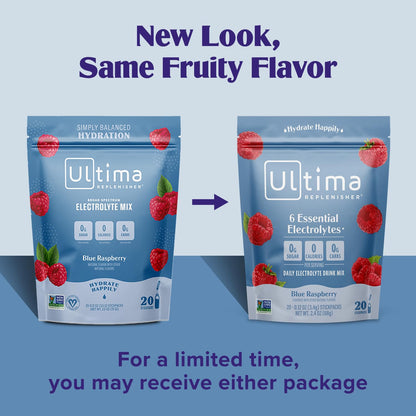 Ultima Replenisher Daily Electrolyte Drink Mix – Blue Raspberry, 20 Stickpacks – Hydration Packets with 6 Electrolytes & Trace Minerals – Keto Friendly, Vegan, Non-GMO & Sugar-Free Electrolyte Powder