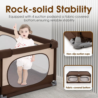 Playpals Baby Playpen, 150x180CM Play Pen for Babies & Toddlers, Large,Brown