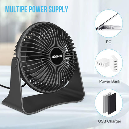 HONYIN 5'' Small USB Desk Fan, 3 Speeds Desktop Table Cooling Fan, 360° Rotatable, Strong Wind