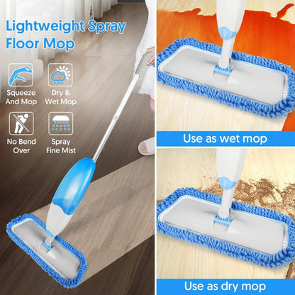 TINA&TONY Microfiber Spray Mop for Floor Cleaning, Hardwood Floor Mop Spray Dry Wet Mop with 3 Reusable Mop Pads & 635ML Refillable Bottle, Kitchen Dust Mop for Hardwood Laminate Tile Floors, Blue