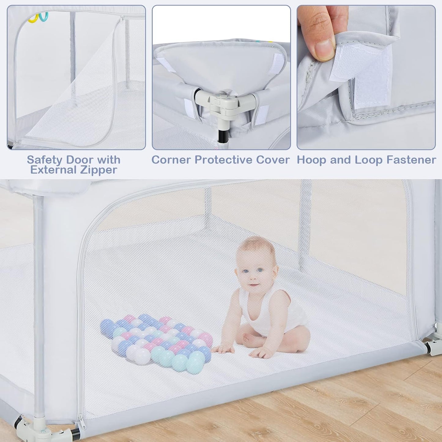 BABY JOY Foldable Baby Playpen, 124 x 124 x 70cm Playpen Activity Center w/50 Balls & 4 Pull Rings (Grey)