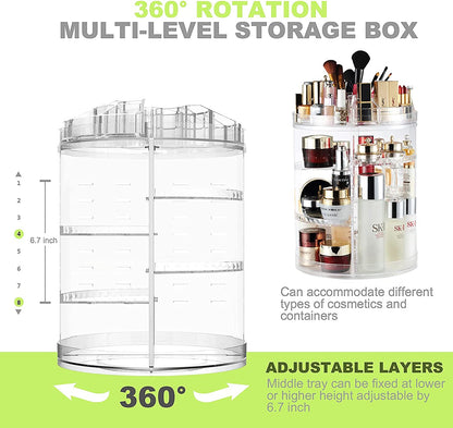 Makeup Organizer, 360 Degree Rotating Adjustable Cosmetic Storage Display Case