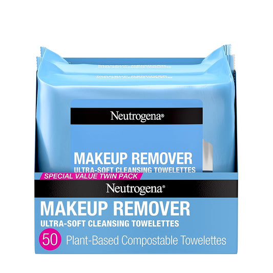 Cleansing Fragrance Free Makeup Remover Face Wipes, Alcohol-Free, Unscented, 100% Plant-Based Fibers, Twin Pack, 2 x 25 ct