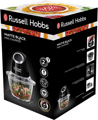 Russell Hobbs Electric Mini Chopper [Glass Container with Storage Lid] Matt Black (500 ml, Vegetable Chopper, Mixer, Multi-& Universal Chopper for Vegetables, Fruits and Meat) 24662-56
