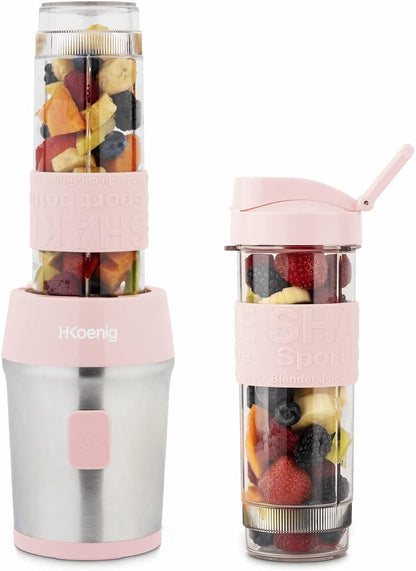 H.Koenig SMOO12 Mini Stand Blender, Pastel Pink, Smoothie Maker, 2 x 570 ml Bottles with Travel Lid and Silicone Coating, 300 W