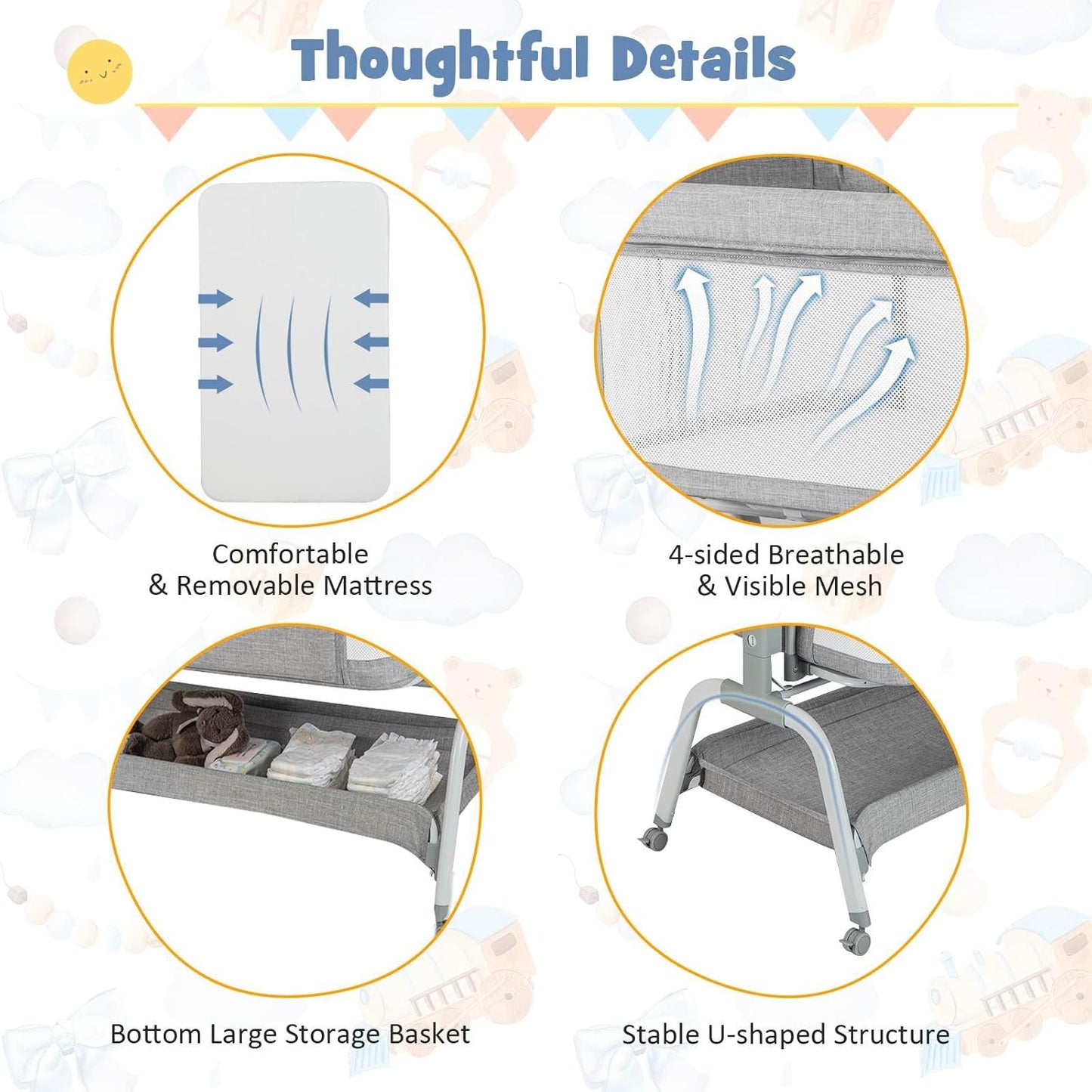 BABY JOY 4 in 1 Baby Bassinet with Mattress, 6 Adjustable Height, Mosquito Net & Lockable Wheels(Light Grey)