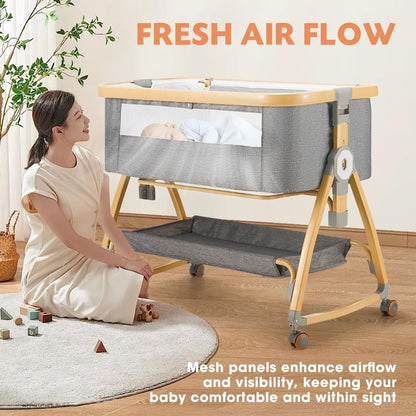 PlayPals 3-in-1 Baby Cot with Mattress, Baby Bassinet with 6 Height Adjustable, 0-18 Months Old