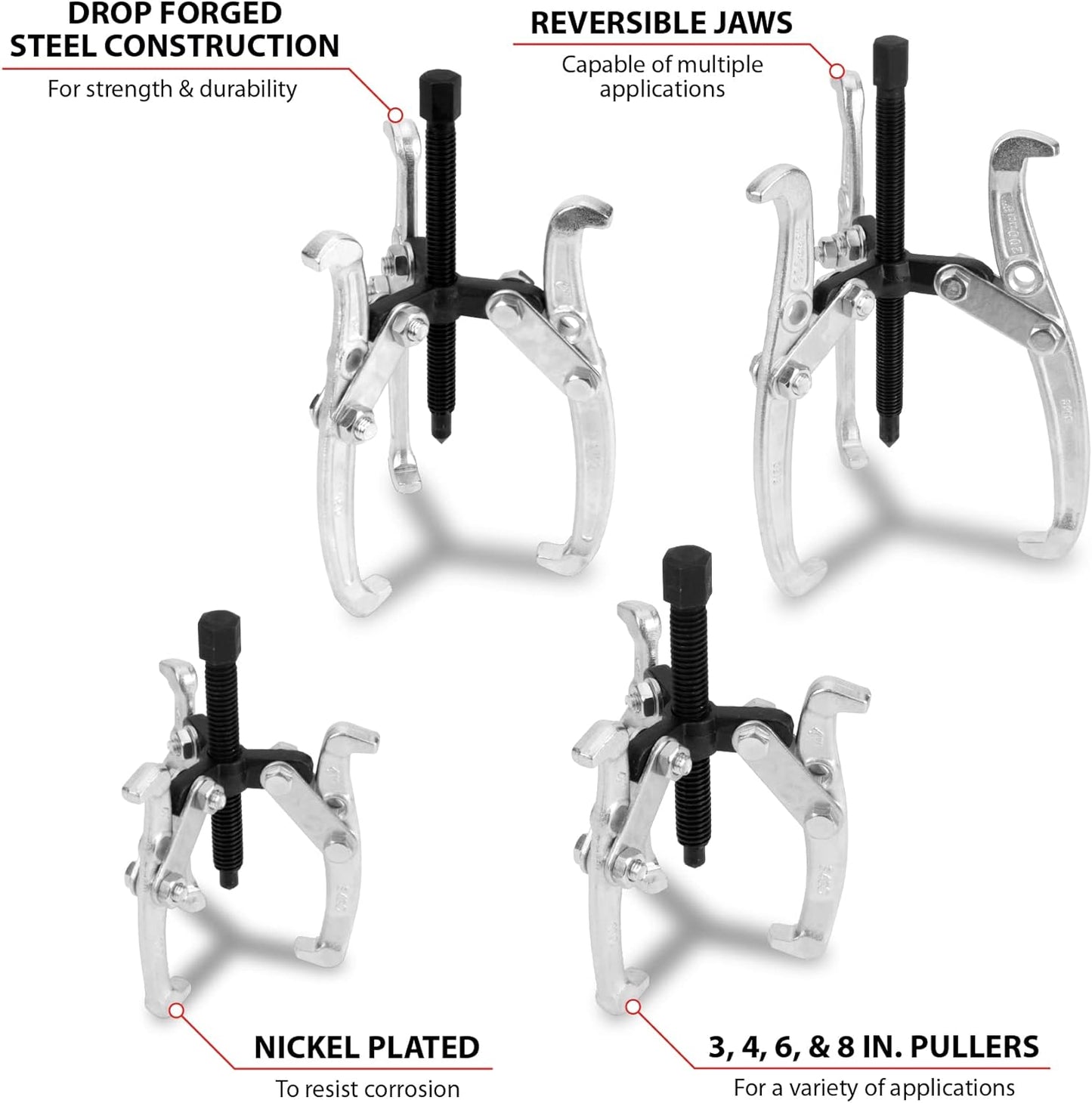 Gear Puller Set, 4-Piece Set (Sizes: 3, 4, 6 and 8-Inch), with Reversible Design for Vehicle Maintenance and Repair, Drop-Forged Steel, Chrome Plating