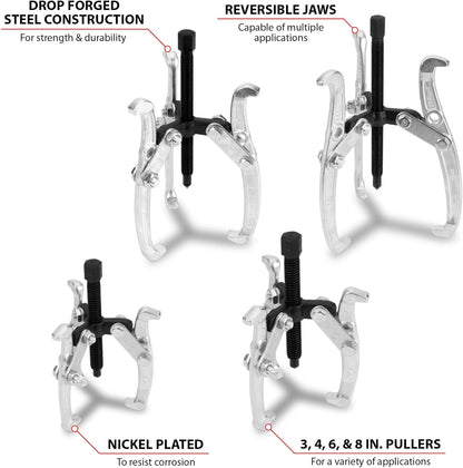Gear Puller Set, 4-Piece Set (Sizes: 3, 4, 6 and 8-Inch), with Reversible Design for Vehicle Maintenance and Repair, Drop-Forged Steel, Chrome Plating