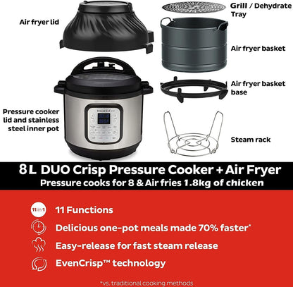 Instant Pot Duo Crisp + Air Fryer 11-in-1 Multicooker, 8L - Pressure Cooker, Air Fryer, Slow Cooker, Steamer, Sous Vide Machine & Baking Functions & Genuine Tempered Glass lid, Clear 10 in. 8 Quart