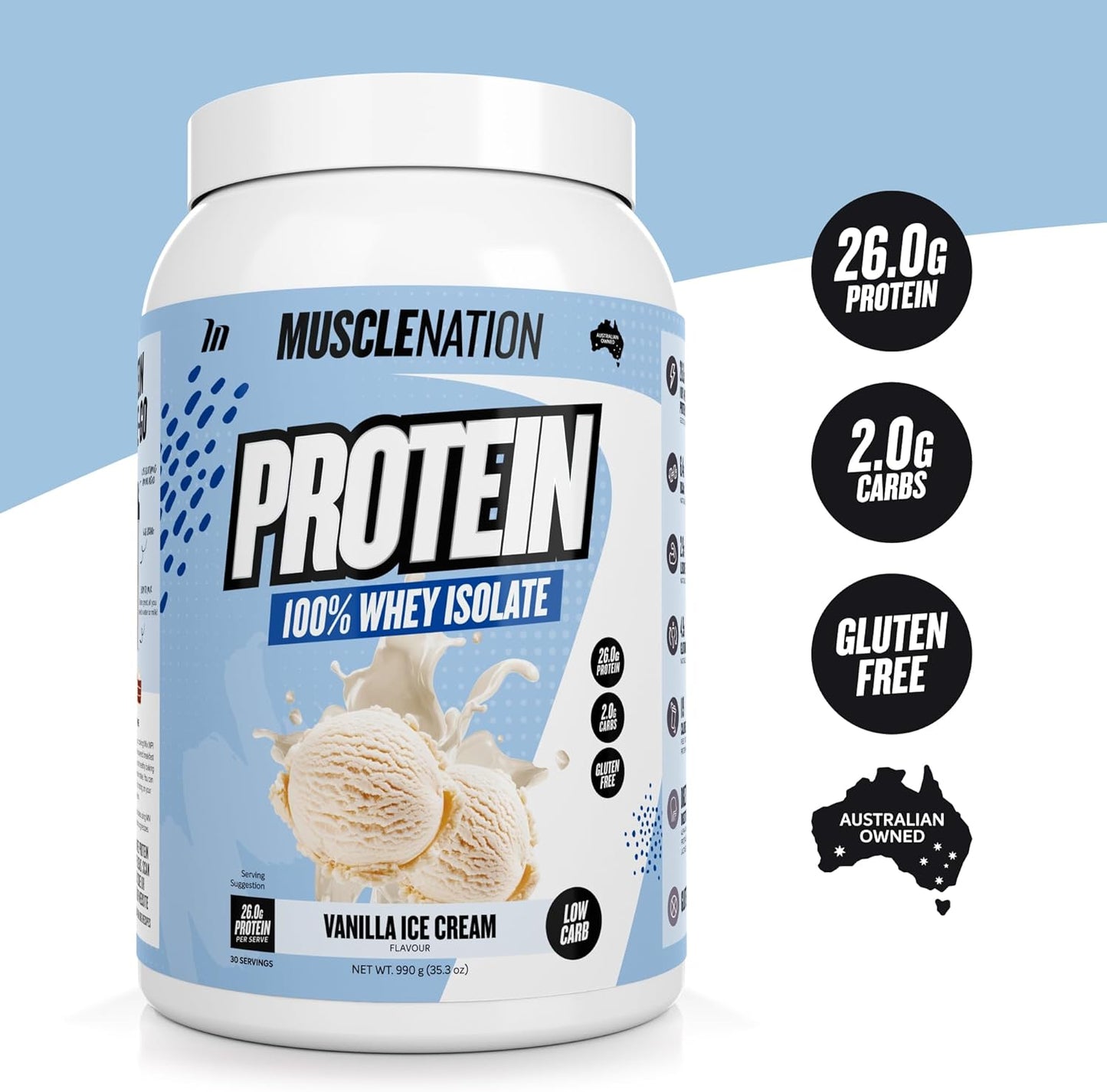 Muscle Nation Vanilla Ice Cream Flavour Whey Protein Isolate 990g (30 Serves)