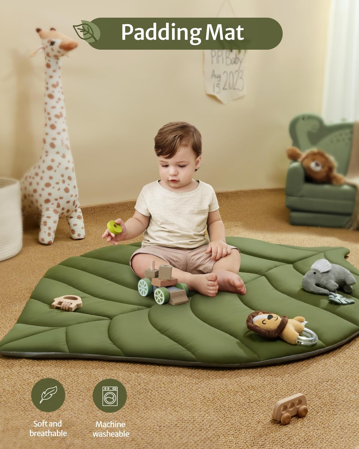Baby Glide Baby Play Gym & Activity Mat, Oversize Leaf Shaped Baby Play Mat w 6 Detachable Toy