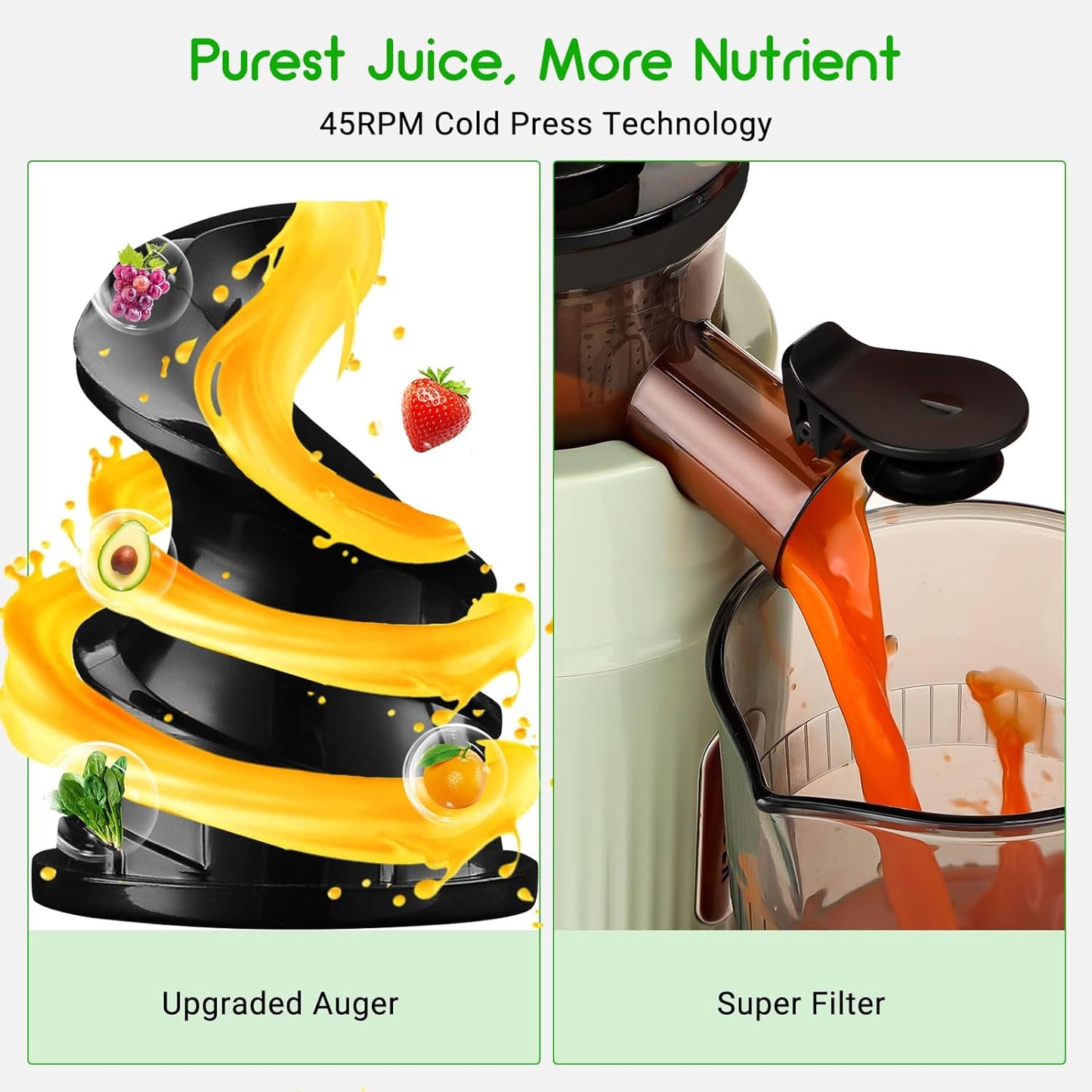 Electric Juicer Fruits Cold Press Squeezer Vegetable Processor Slow Masticating Juicer Machines 200W  Slow Juicer Machine with Big Wide Chute and 800ml Juice Cup, BPA-Free