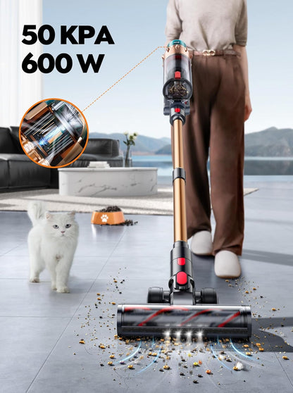 Cordless Vacuum Cleaner, 50KPA 600W, 65Mins Runtime, Self-Standing Stick Vacuum with Aroma Function, Auto Mode, Wall Charging, Touchscreen, Anti-Tangle Vacuum Cleaner for Pet Hair/Hardfloor/Carpet
