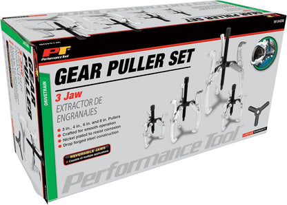 Gear Puller Set, 4-Piece Set (Sizes: 3, 4, 6 and 8-Inch), with Reversible Design for Vehicle Maintenance and Repair, Drop-Forged Steel, Chrome Plating