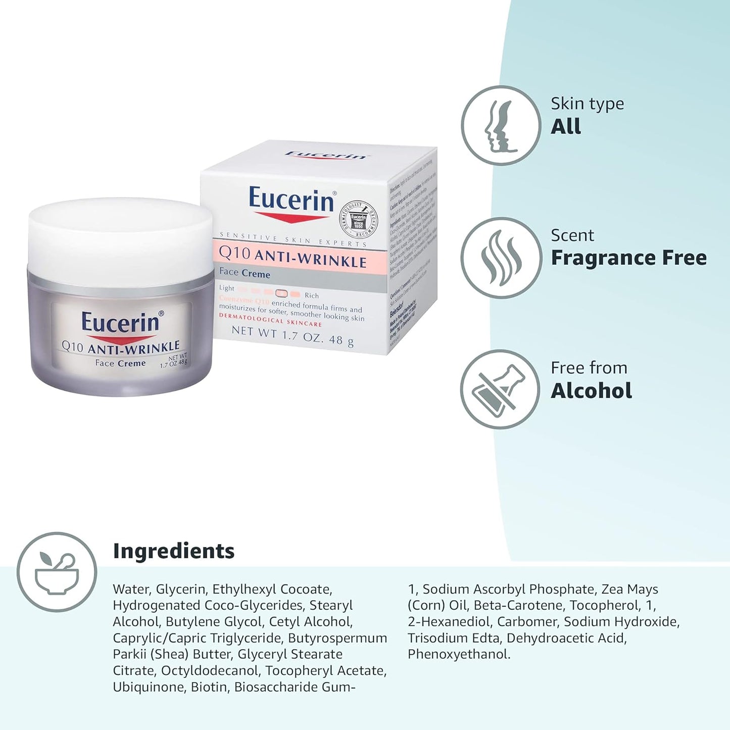 Eucerin Q10 Anti-Wrinkle Face Cream, Unscented Face Cream for Sensitive Skin, 1.7 Oz Jar,US product