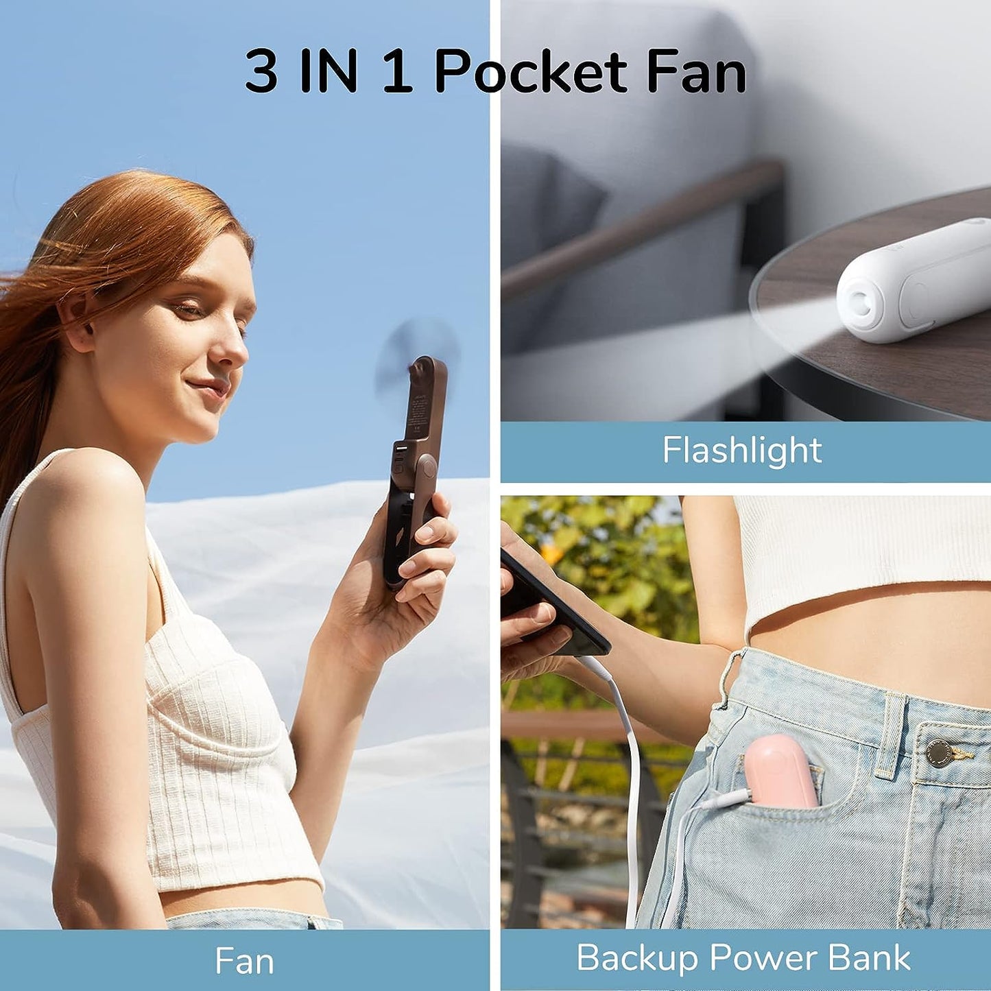 JISULIFE 3 in 1 Handheld Fan, Small Portable Fan, USB Rechargeable Mini Pocket Fan, Battery Operated Fan with Power Bank, Pink