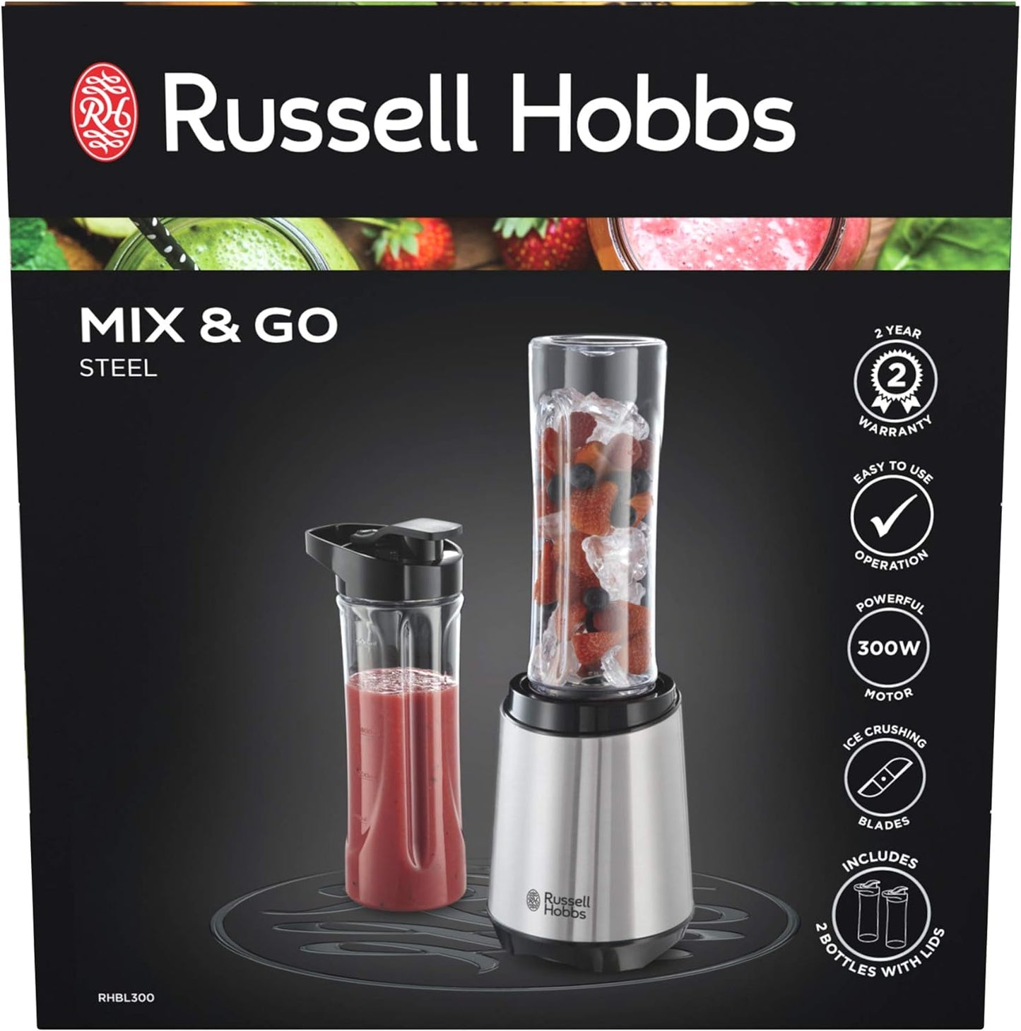 Russell Hobbs RHBL300, Mix and Go Stainless Steel Blender, 300 Watt Electric Motor and Dishwasher Safe, High Speed Blender, Silver/Black