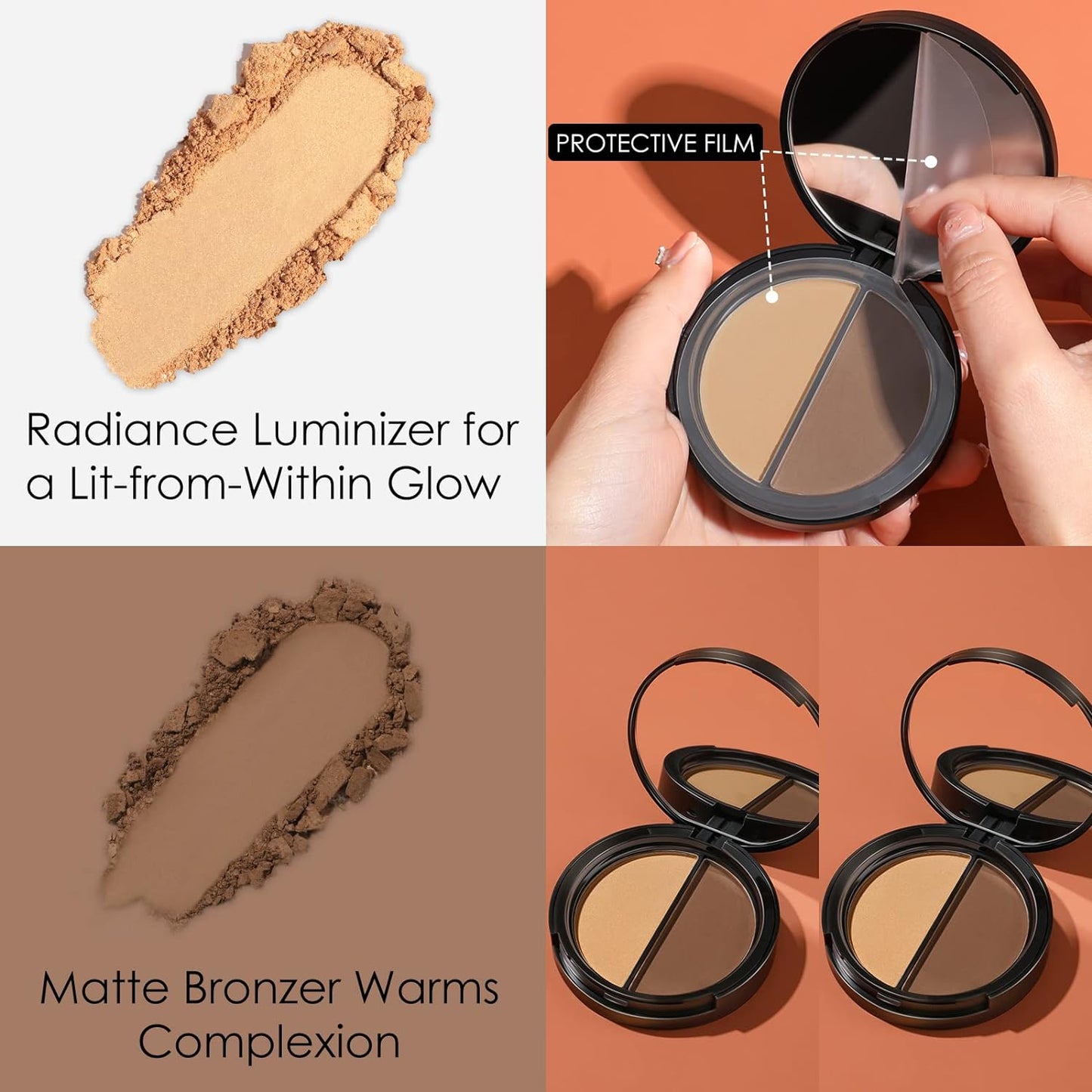 Focallure Bronzer and Highlighter Palette,Face Illuminator Contour Palette,Long Lasting Shimmer Makeup Palette,Cruelty Free Waterproof Matte Bronzer Powder Glow Makeup Kit,Deep Gold&Dark Brown