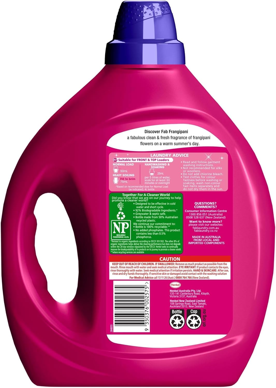 Fab Fresh Frangipani Front and Top Loader Laundry Liquid Detergent 4 Litre