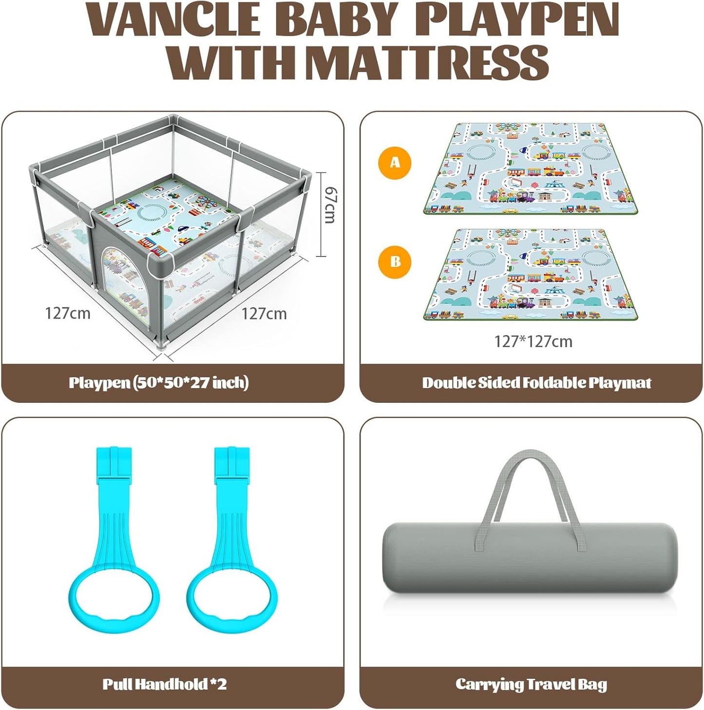 VANCLE Baby Playpen with Mat 127cm x 127cm Playpen for Babies and Toddlers, Gray (127cmx127cm