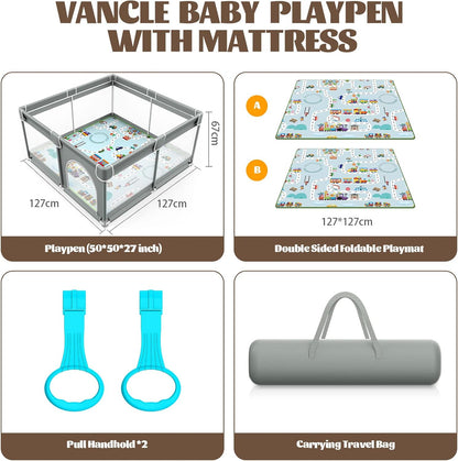VANCLE Baby Playpen with Mat 127cm x 127cm Playpen for Babies and Toddlers, Gray (127cmx127cm