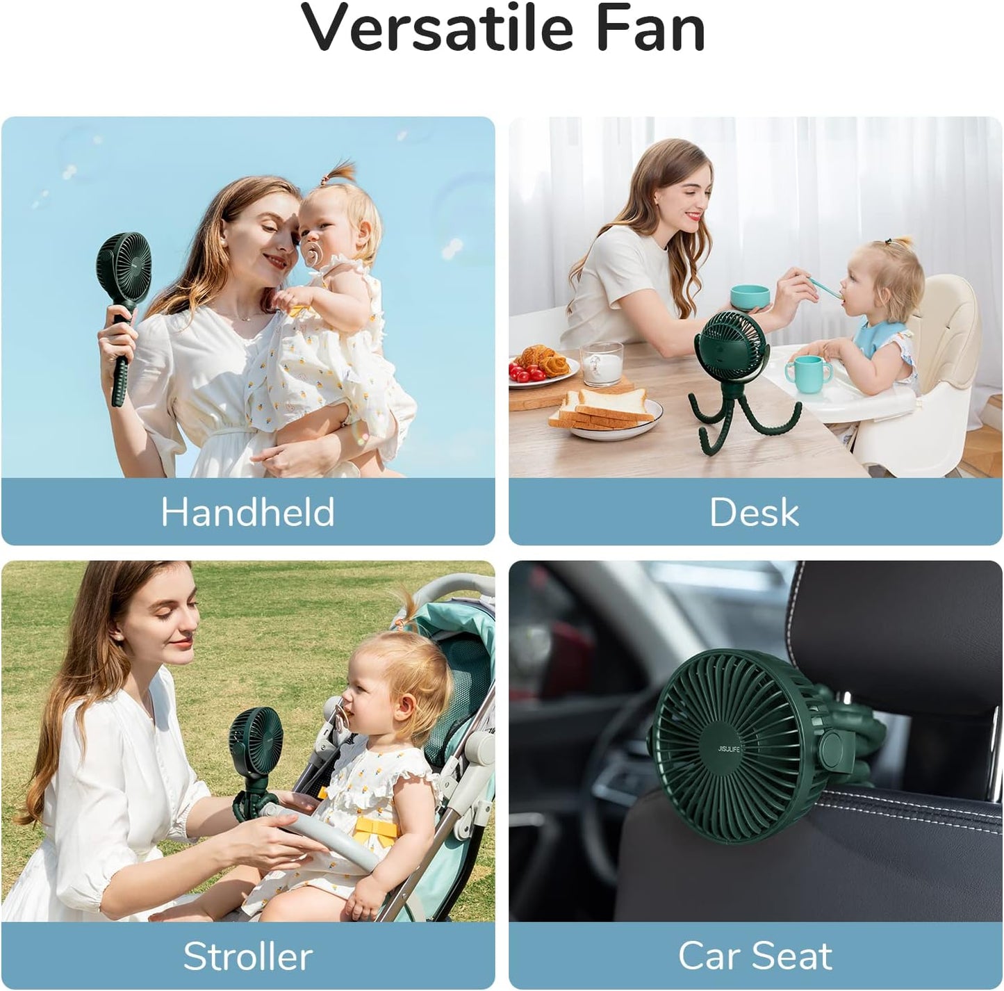 JISULIFE Mini Stroller Fan Clip-on for Baby, 4000mAh Portable Battery Operated or USB Rechargeable Fan with 4 Speeds, 360°Rotatable and Flexible Tripod for Handheld/Desk/Car Seat - Alpine Green