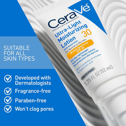 CeraVe Ultra-Light Moisturizing Lotion With SPF 30, Daily Face Moisturizer with SPF, Formulated with Hyaluronic Acid & Ceramides, Broad Spectrum SPF, Oil Free, Matte Finish, 1.7 Ounce