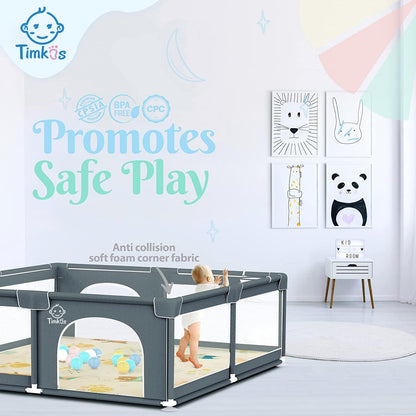 Baby Playpen with Mat 180×150cm, Baby Play Pen Extra-Large Playpens Play Mat with 50 Balls Pit, 4X Handlers, Baby Playmat, Basket Net for Toddler Babies with Breathable Mesh