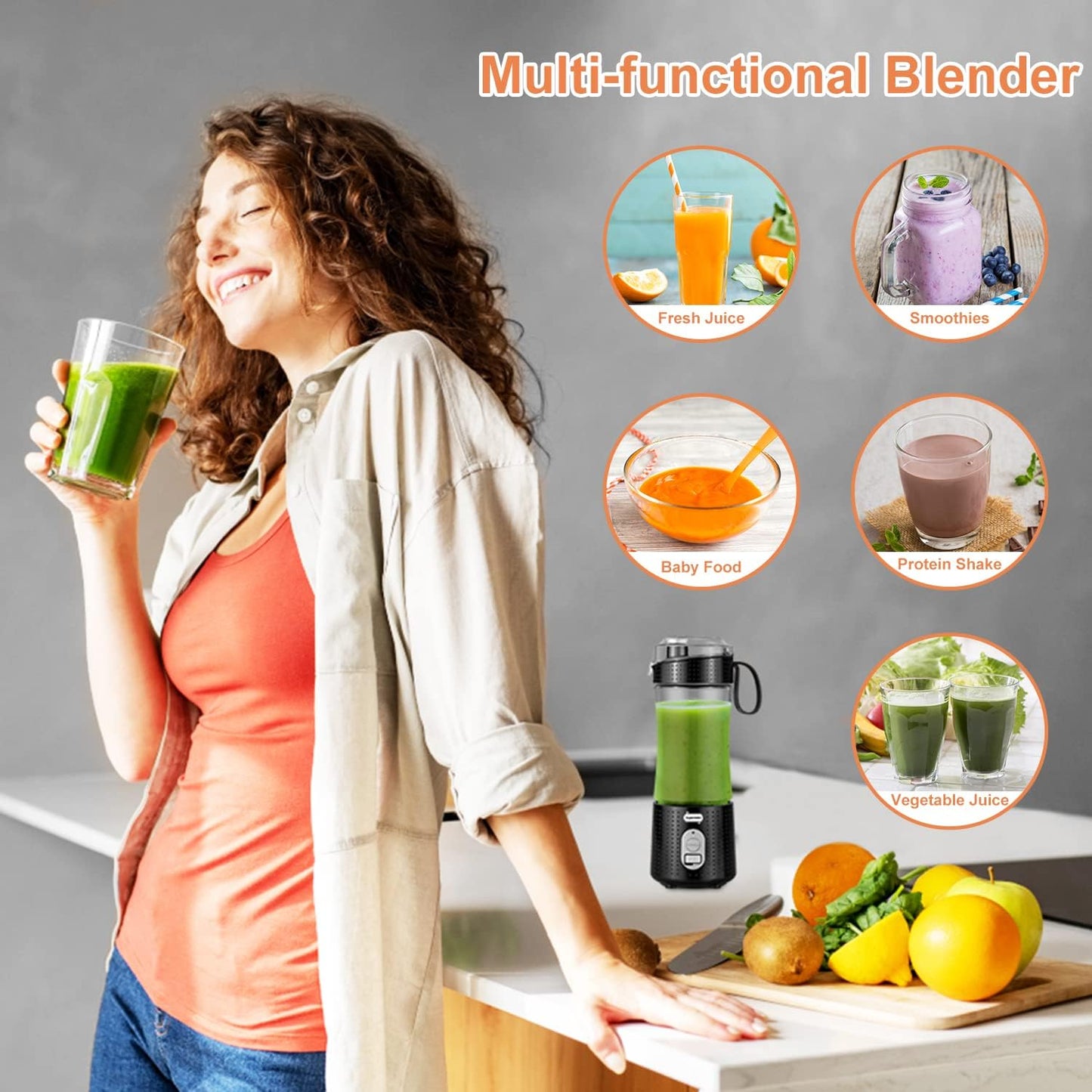Portable Blender, Supkitdin Personal Mixer Fruit Rechargeable with USB, Mini Blender for Smoothie, Fruit Juice, Milk Shakes, 380ml, Six 3D Blades for Great Mixing (Black)