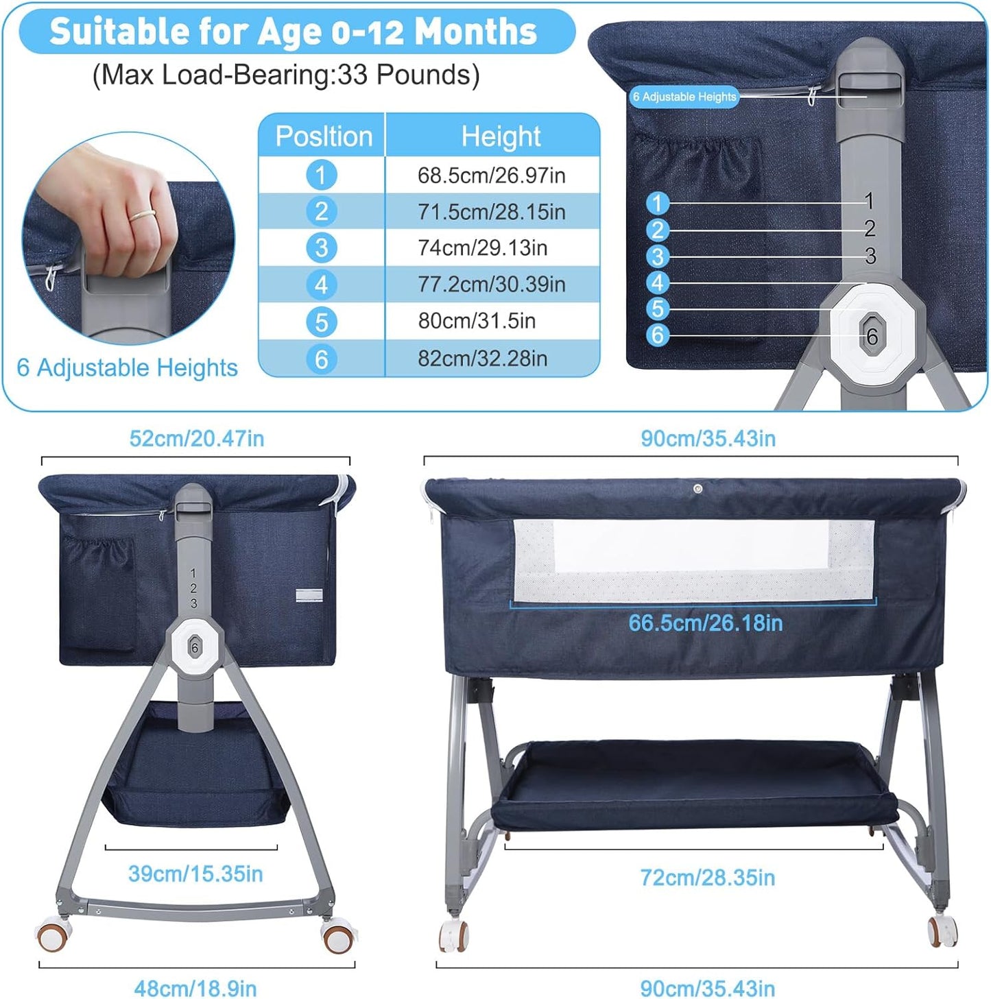 3 in 1 Baby Bassinet, Bedside Sleeper for Baby, Bedside Crib with Wheels & Storage Basket & Mosquito Net, Height Adjustable Baby Bed, Portable Bassinet for Newborn/Infant（Blue）